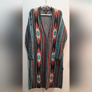 Southwestern Pattern Open Cardigan in Turquoise & Rust